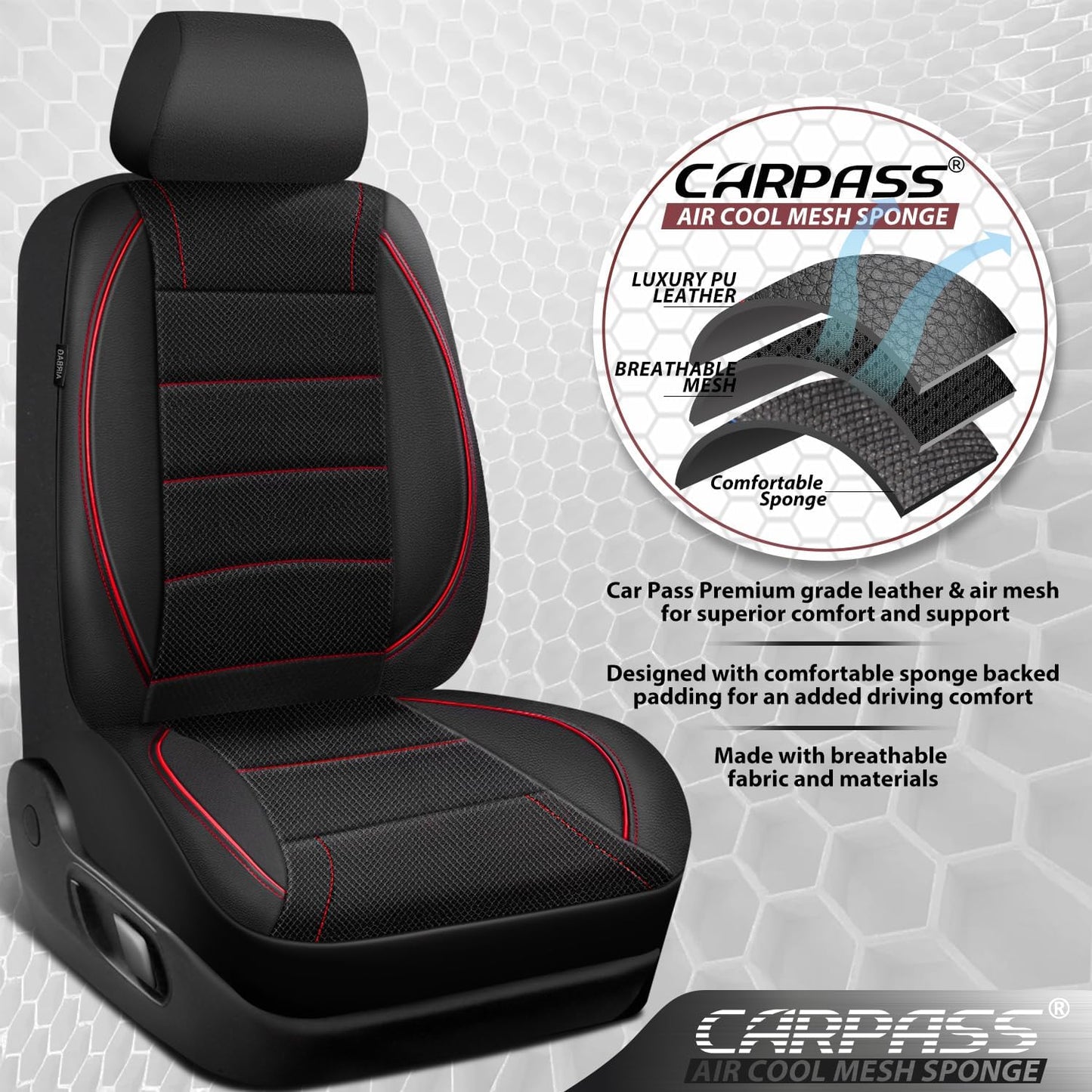 CAR PASS Universal FIT Piping Leather Two Front Seat Covers, Waterproof Faux Leather for SUV Sedan Van Truck, Airbag Compatible,Reserved Opening Holes for Headrest Covers. (Black red)