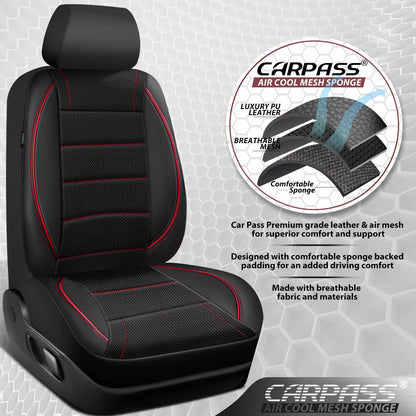 CAR PASS Universal FIT Piping Leather Two Front Seat Covers, Waterproof Faux Leather for SUV Sedan Van Truck, Airbag Compatible,Reserved Opening Holes for Headrest Covers. (Black red)