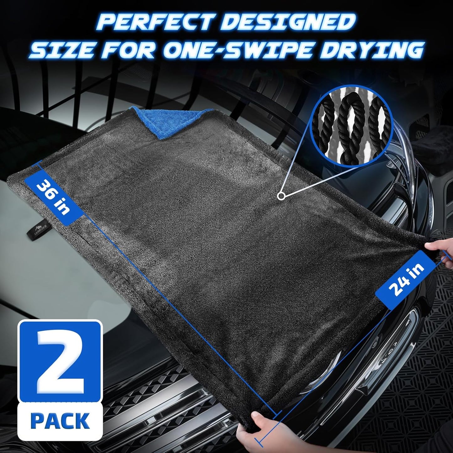 SMINDER 2-Pack 1200 GSM Car Drying Towels – Microfiber Towels for Cars (36" x 24"), Ultra-Absorbent, Streak-Free, Scratch-Free, No Water Spots, Double-Twist Pile & Edgeless Design