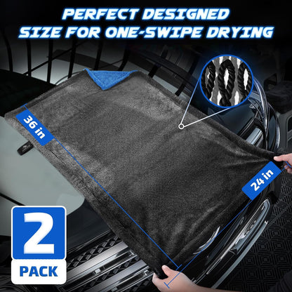 SMINDER 2-Pack 1200 GSM Car Drying Towels – Microfiber Towels for Cars (36" x 24"), Ultra-Absorbent, Streak-Free, Scratch-Free, No Water Spots, Double-Twist Pile & Edgeless Design