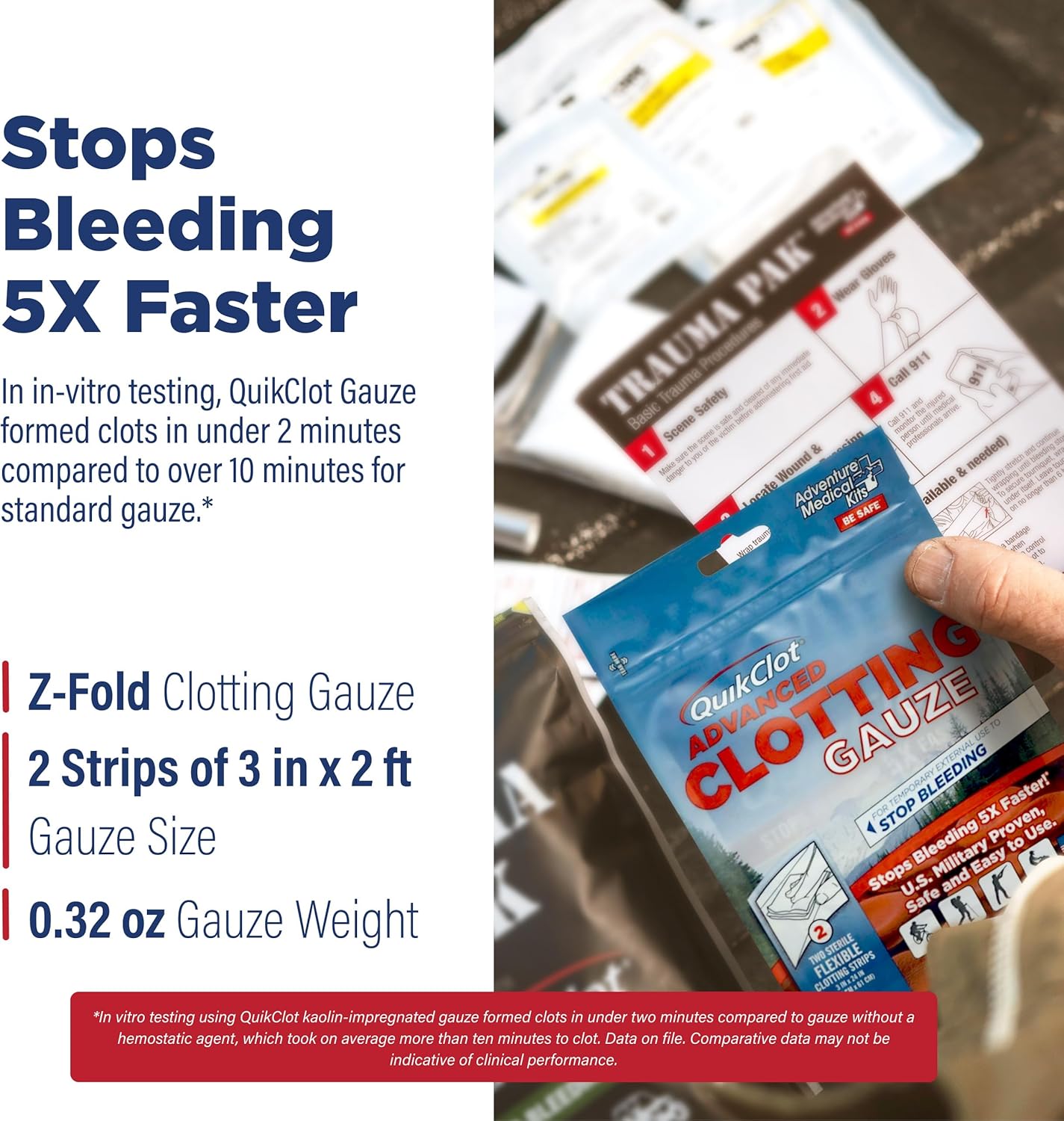 Adventure Medical Kits QuikClot Advanced Clotting Gauze - Stops Bleeding Up to 5X Faster Than Standard Gauze - Kaolin Hemostatic Dressing - for First Aid Kits & Survival Gear - 3 x 24