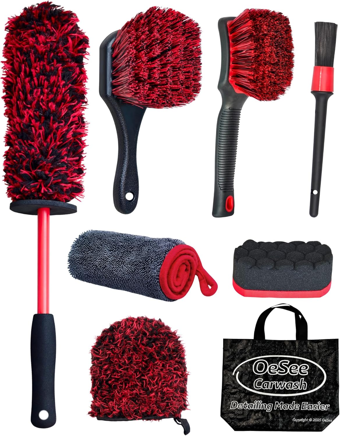 oesee 8PCS Wheel Cleaning Kit with Microfiber Brush & Rubber Grip Tire Brush, Twist Loop Drying Towel, Detailing Brush, Applicator for Car Rim and Tire Care