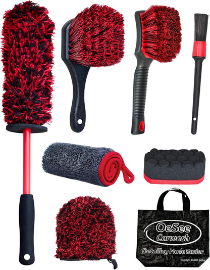 oesee 8PCS Wheel Cleaning Kit with Microfiber Brush & Rubber Grip Tire Brush, Twist Loop Drying Towel, Detailing Brush, Applicator for Car Rim and Tire Care