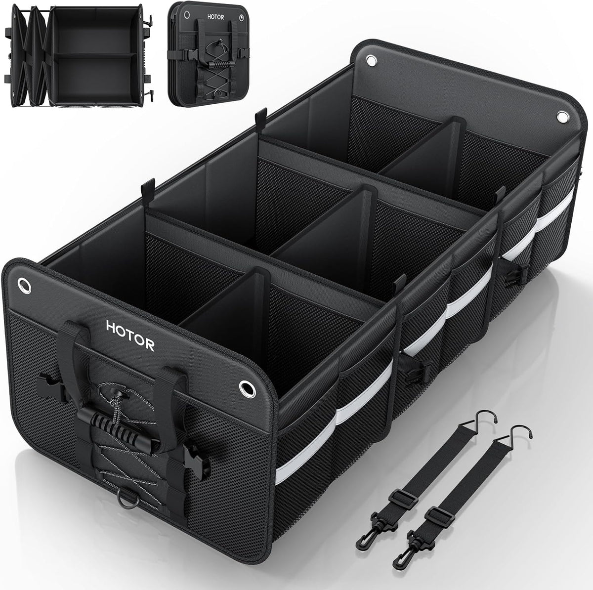 HOTOR Trunk Organizer for SUV – Car Storage Box with Reflective Strips, Collapsible Car Organizer with Large Capacity, Essential Car Accessories for Truck, Van & Sedan, Black, 33.1" x 13.0" x 12.0"