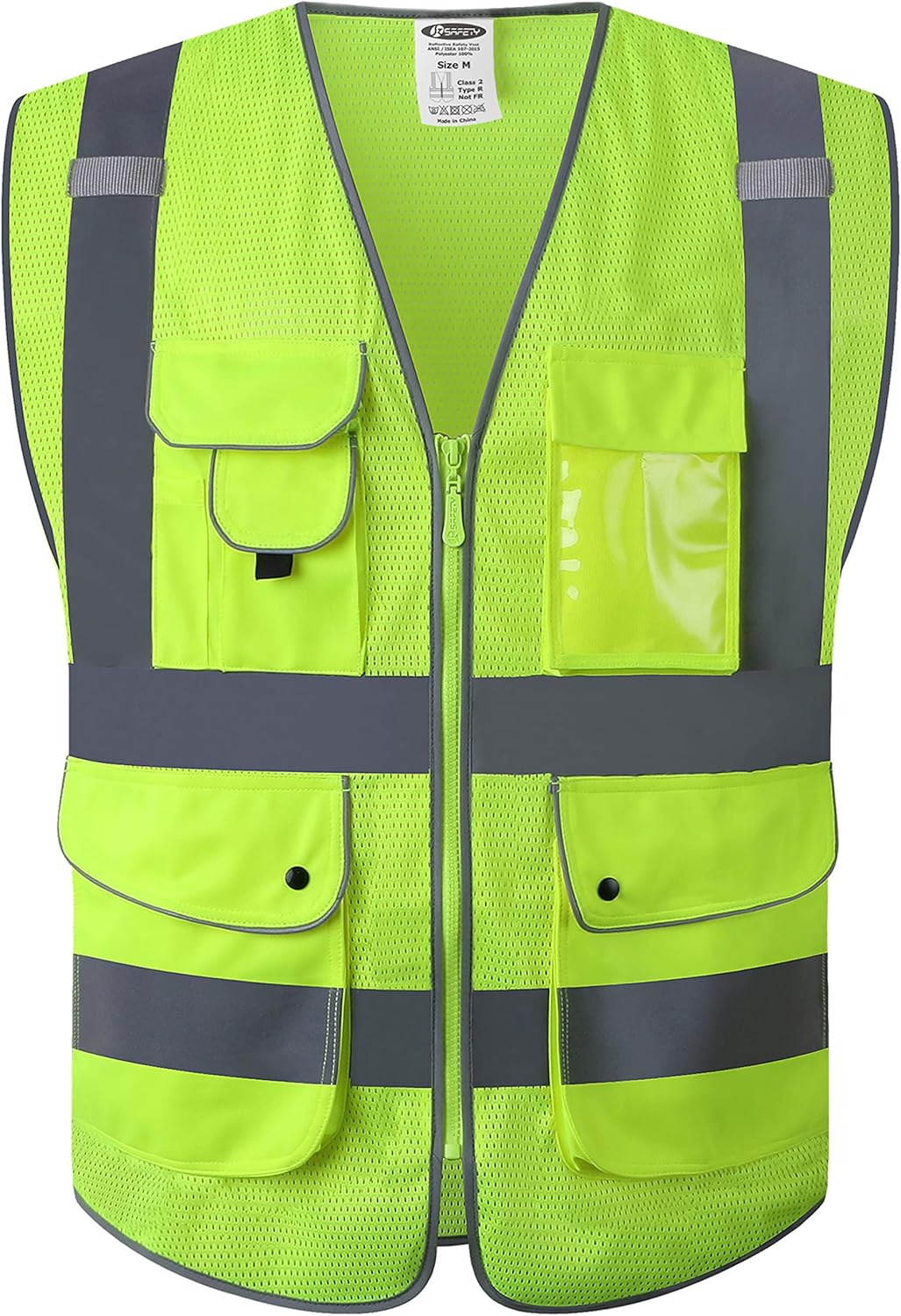 JKSafety 9 Pockets Class 2 High Visibility Zipper Front Safety Vest With Reflective Strips,Meets ANSI/ISEA Standard (Large, 150-Yellow) - Colors A