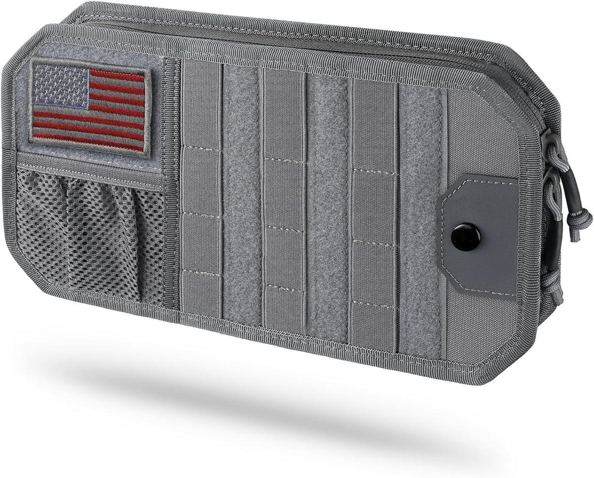 LIVANS Tactical Car Sun Visor Organizer, Auto Accessories Semi-Rigid Molle Panel with Zipper Storage Pouch & Glasses Holder, Gift for Car Gear, Fit Cars, Trucks, Suvs, Jeeps & Patrols (Gray)