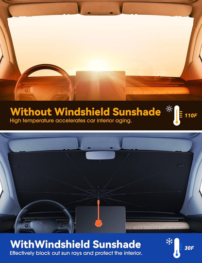 helloleiboo Car Windshield Sun Shade Umbrella 57" x 32", Windshield Sun Shade Foldable with 5-Layer Thickened Vinyl Coating Reflective Heat & UV Protection Fits Most Sedans & Compact SUVs