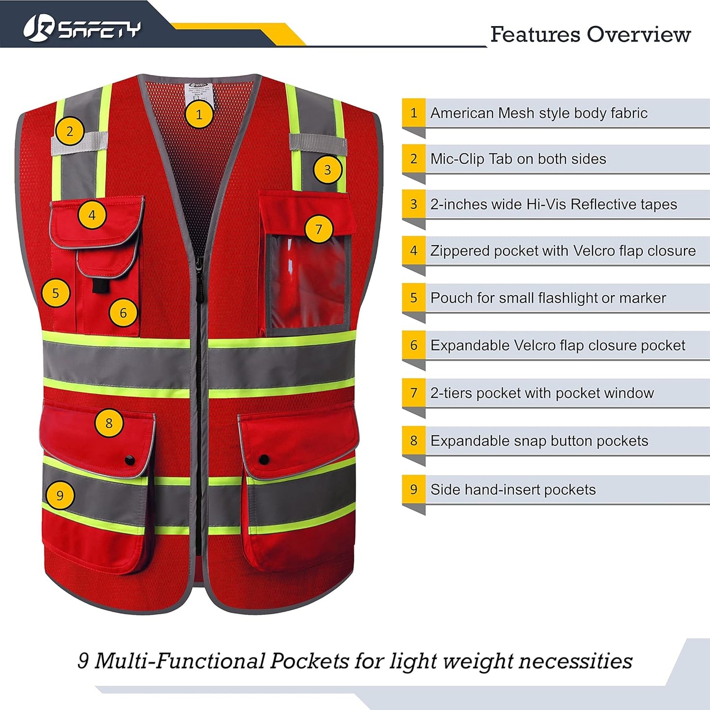 JKSafety 9 Pockets Class 2 High Visibility Zipper Front Safety Vest With Reflective Strips,Meets ANSI/ISEA Standard (Large, 150-Yellow) - Colors A