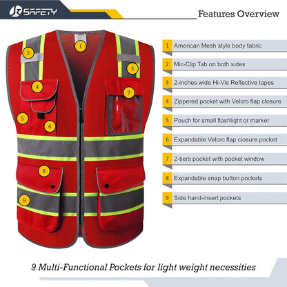 JKSafety 9 Pockets Class 2 High Visibility Zipper Front Safety Vest With Reflective Strips,Meets ANSI/ISEA Standard (Large, 150-Yellow) - Colors A