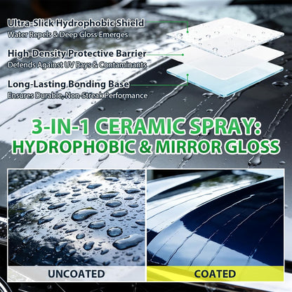 Ceramic Spray Coating 6.8oz – Hydrophobic Car Paint Sealant – Spray on & Wipe off – No White Residue – Safe on Paint Glass Trim Wheels – Includes Microfiber Towel
