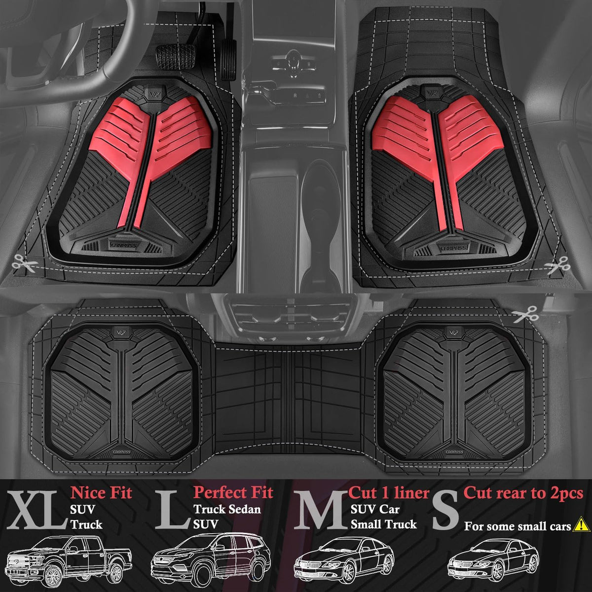 CAR PASS Heavy Duty Rubber Car Mats with Cargo Liner, Deep-Dish Car Floor Mats and Trunk Mat All Weather, Universal Trim-to-Fit for SUVs Trucks Sedans, Waterproof Anti-Slip, Trimmable V12 Black