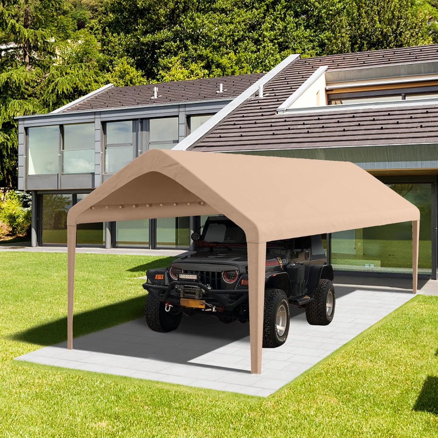 Carport Replacement Canopy Cover 10'x20' for Tent Top Garage Shelter Cover with Ball Bungees, 800D Oxford Replacement Cover Waterproof & UV Protection, Not Included Frame (Light Brown)