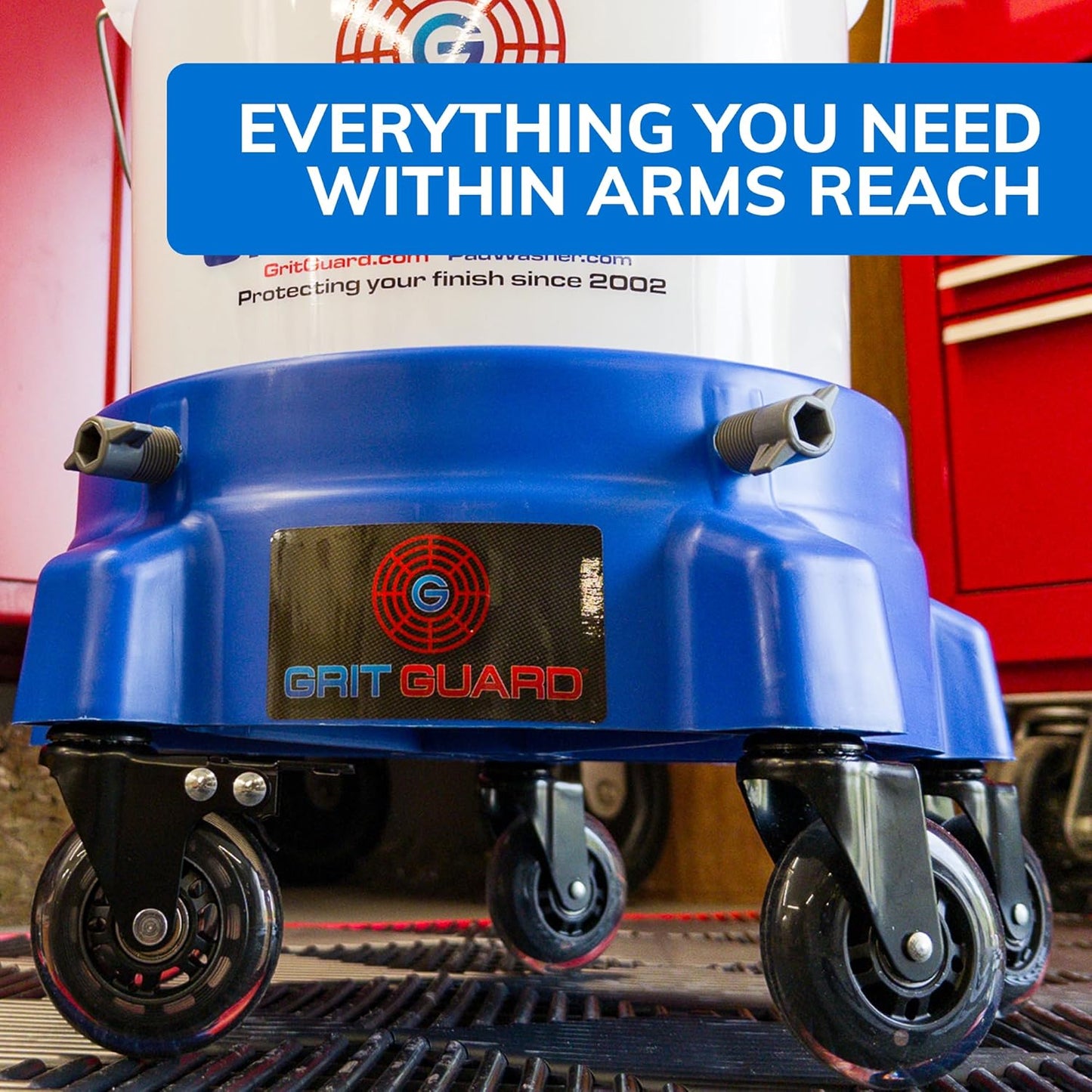 GRIT GUARD Bucket Dolly with Wheels - Rolling Detailing Wash Bucket with 5 Wheels and 2 Locking Casters Compatible with 2.5, 4, 5 and 6 Gallon Buckets (Red, 2" Roller Bearing) - Made in the USA