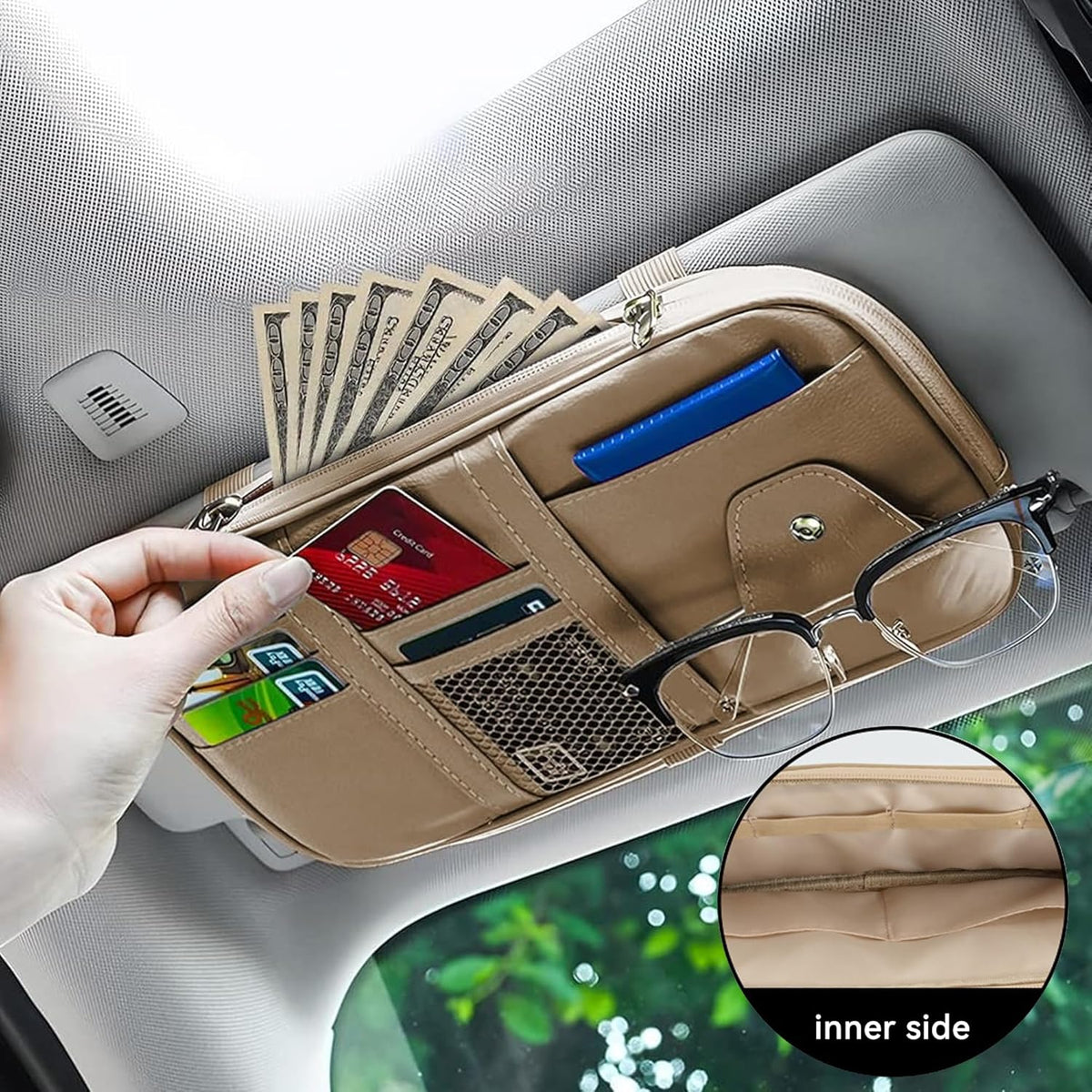 Car Sun Visor Organizer, Multi-Pocket PU Leather Sunglass Holder and Storage Pocket with Net Zipper, Card Sleeve Pocket Organizer, Auto Interior Accessories for Vehicle, Truck, SUV (Gray)