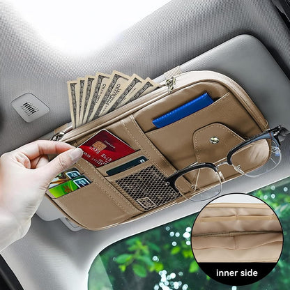 Car Sun Visor Organizer, Multi-Pocket PU Leather Sunglass Holder and Storage Pocket with Net Zipper, Card Sleeve Pocket Organizer, Auto Interior Accessories for Vehicle, Truck, SUV (Gray)
