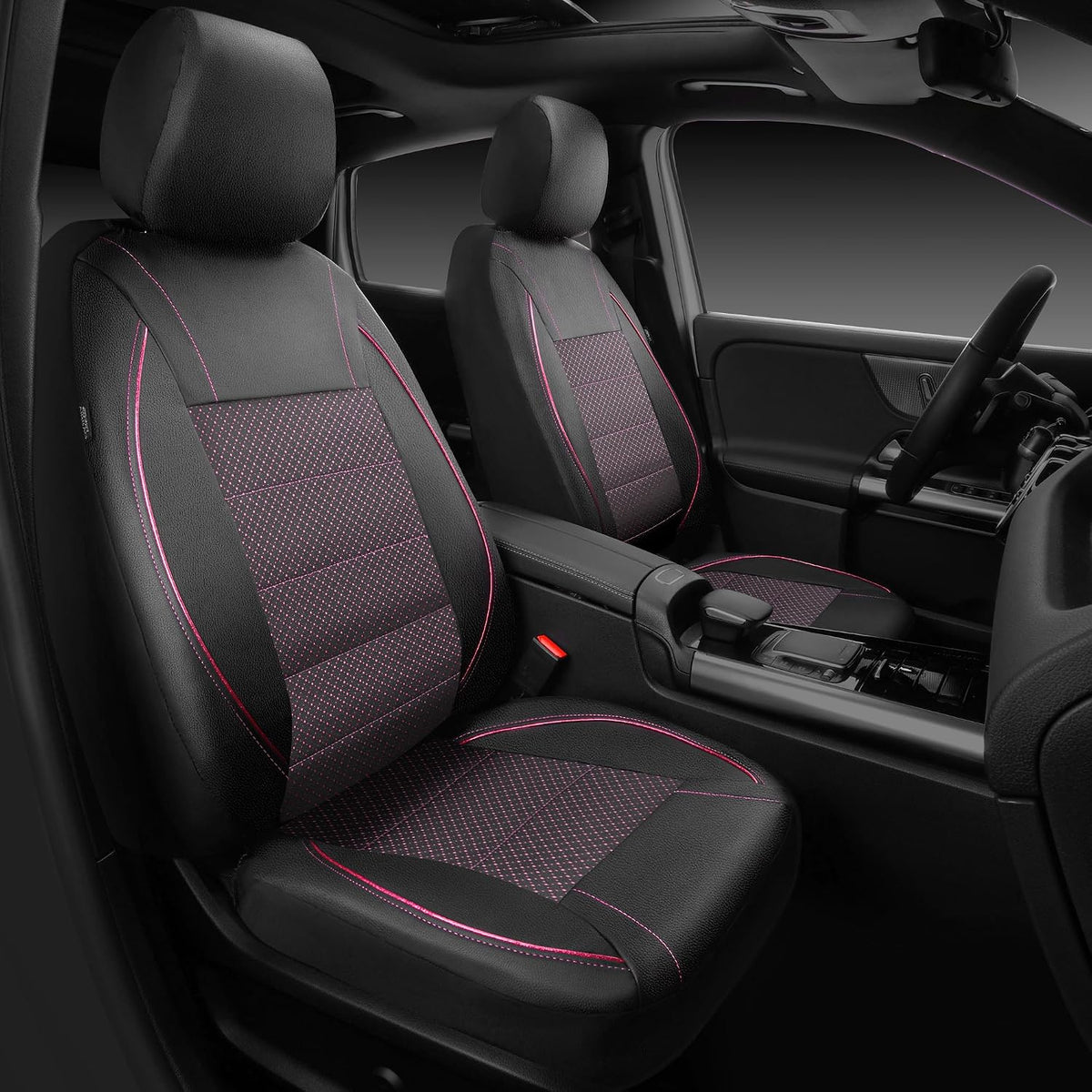 CAR PASS Universal FIT Piping Leather Two Front Seat Covers, Waterproof Faux Leather for SUV Sedan Van Truck, Airbag Compatible,Reserved Opening Holes for Headrest Covers. (Black red)