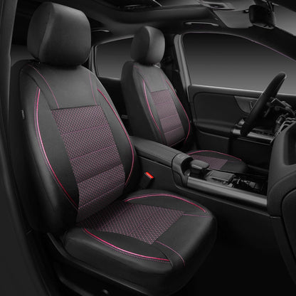 CAR PASS Universal FIT Piping Leather Two Front Seat Covers, Waterproof Faux Leather for SUV Sedan Van Truck, Airbag Compatible,Reserved Opening Holes for Headrest Covers. (Black red)
