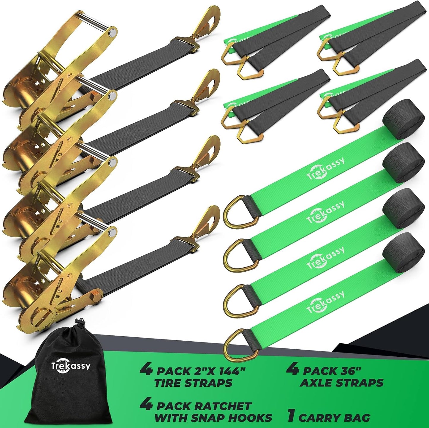 Trekassy 2" x 144" Car Tie Down Straps for Trailers, Heavy Duty Tire Tie Downs for ATV/UTV, 10000lbs Break Strength, Include 4 Axle Straps for Different Uses