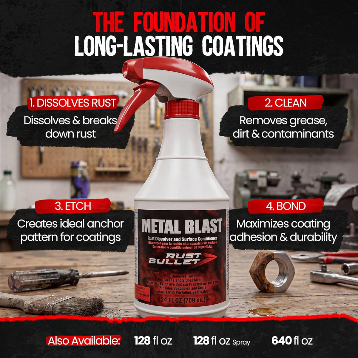 RUST BULLET Metal Blast - 24 Oz - Rust Remover & Metal Prep, Cleaner & Conditioner for Superior Adhesion, Eliminates Grease, Contaminants & Corrosion