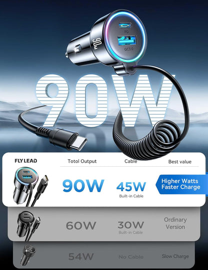 USB C 90W Car Charger for iPhone 17/16 Pro Max, PD & QC3.0 w/5 ft 45W Type Coiled Cable, Fast Car Phone Charger Adapter for iPhone 17Air/15 Pro, Samsung Galaxy S26/S25/S24, Pixel 10/LG/Android, iPad