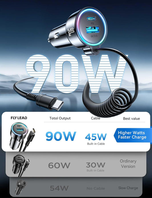 USB C 90W Car Charger for iPhone 17/16 Pro Max, PD & QC3.0 w/5 ft 45W Type Coiled Cable, Fast Car Phone Charger Adapter for iPhone 17Air/15 Pro, Samsung Galaxy S26/S25/S24, Pixel 10/LG/Android, iPad