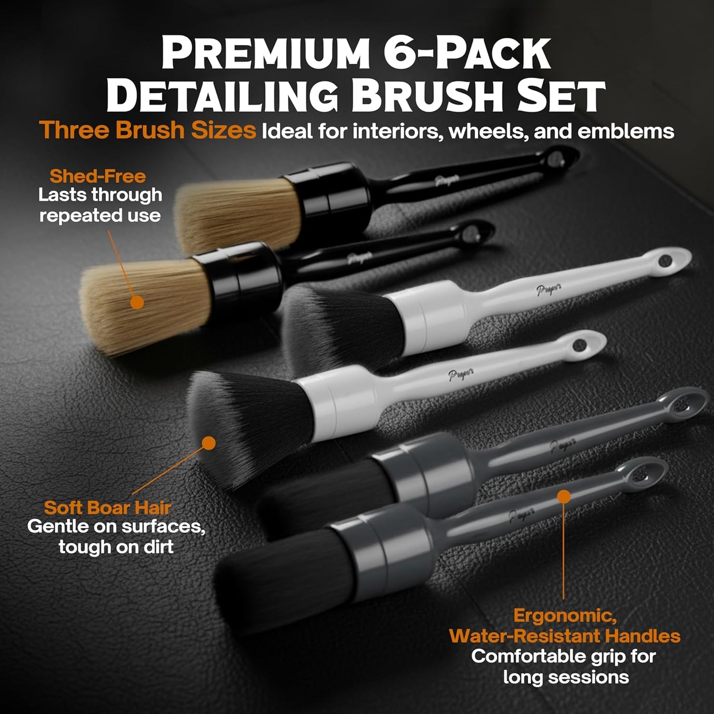 Premium Car Detailing Brush Set - Professional 3 Pack Kit Detail Brushes with Soft Boars Hair Bristles for Auto Interior & Exterior - for Cleaning Leather Seats, Air Vents, Wheels & Emblems