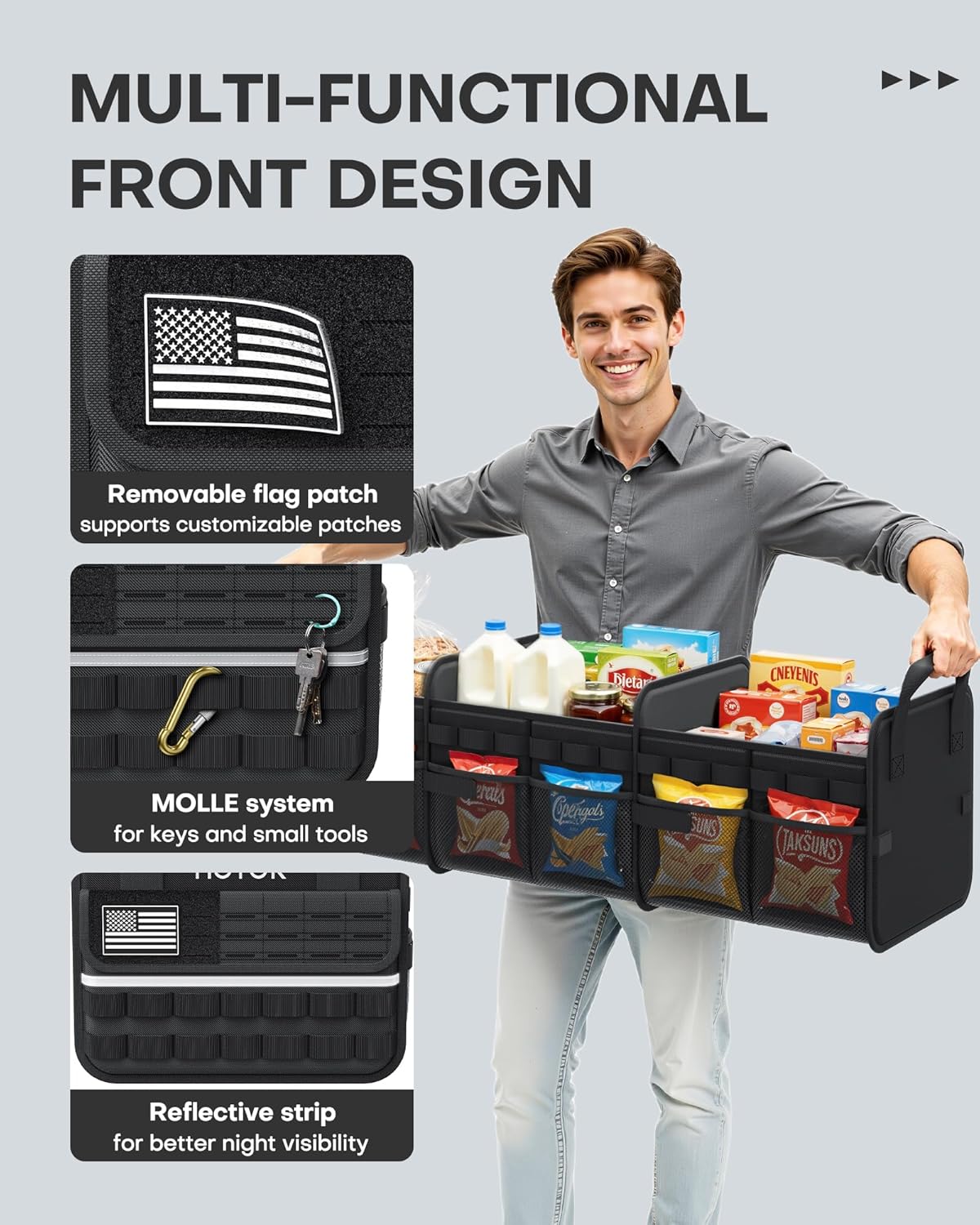 HOTOR Tactical Car Trunk Organizer - Foldable Trunk Organizer for SUV with Front MOLLE Pocket & Reflective Strips, Essential Car Accessories for Tools & Outdoor Storage, 12.8" x 21.7" x 11.0", Black
