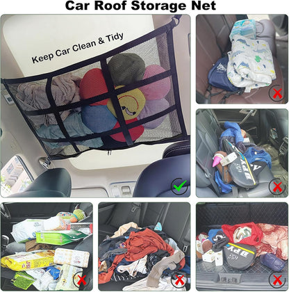 Car Ceiling Cargo Net for SUV,35.4"X25.6" Car Ceiling Storage,Load Capacity Automotive Cargo nets Interior Accessories for Van,Double-Layer Mesh Automotive Roof Camping Essentials