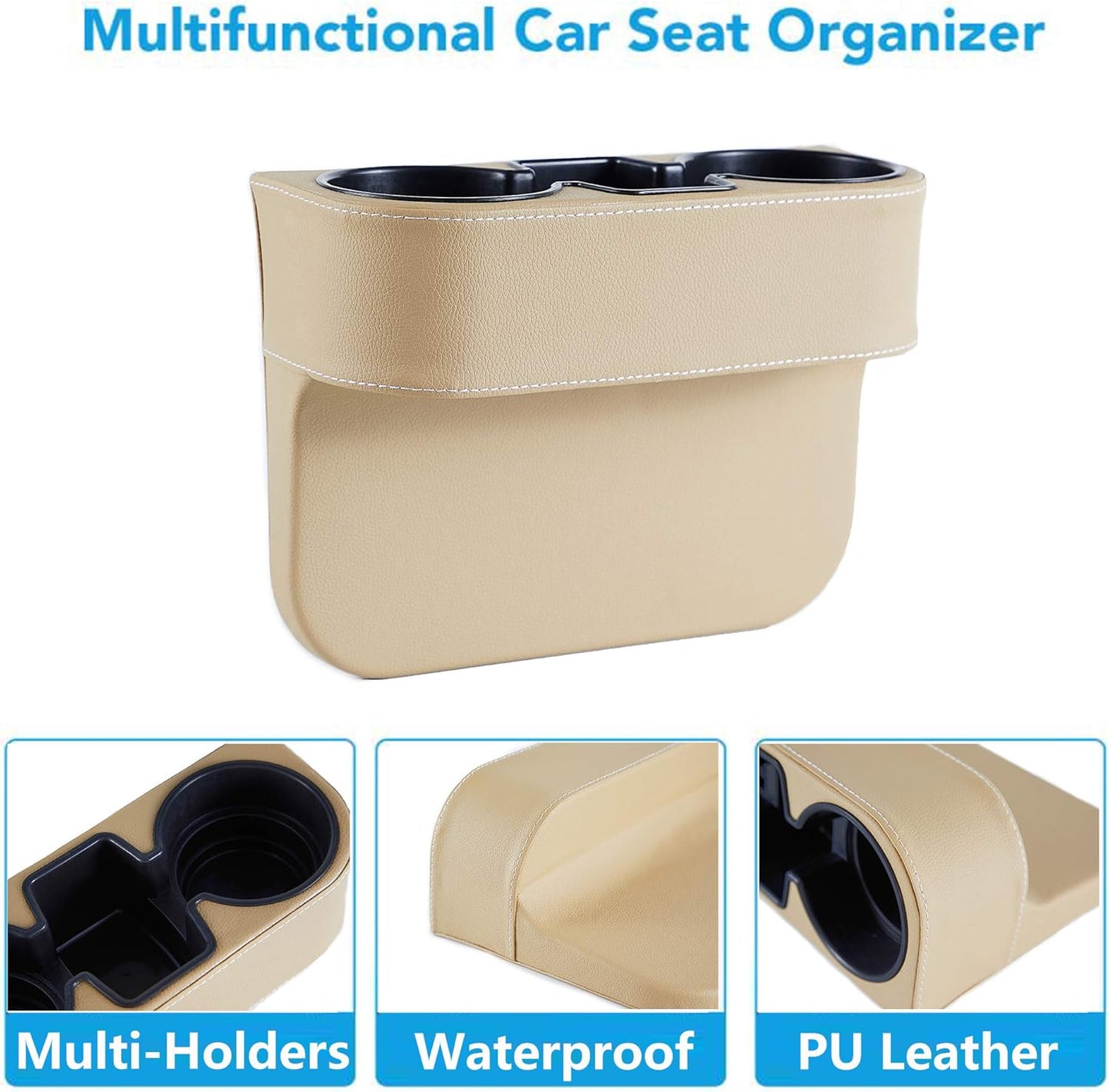 IOKONE Car Cup Holder, Auto Cup Drink Holders，Multifunctional Auto Front Seat Organizer with PU Leather Cover, Gap Filler Storage Box Coin Bucket Console Side Pocket Cell Mobile Phone Holder (Black)