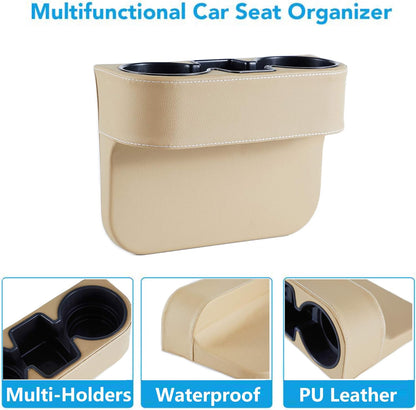 IOKONE Car Cup Holder, Auto Cup Drink Holders，Multifunctional Auto Front Seat Organizer with PU Leather Cover, Gap Filler Storage Box Coin Bucket Console Side Pocket Cell Mobile Phone Holder (Black)