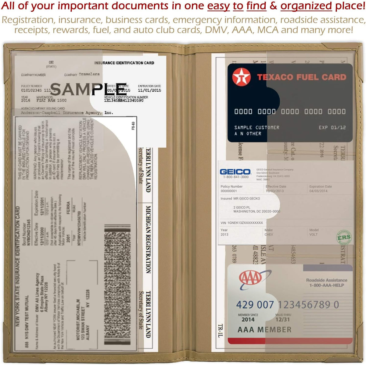 Auto Insurance and Registration Card Holder - Vehicle Glove Box Document Organizer - Car Essential Paperwork Holder for DMV, AAA, Contact Information Cards - Premium PU Leather Wallet Case - Black