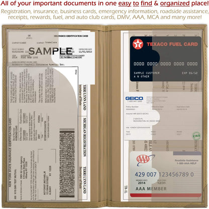 Auto Insurance and Registration Card Holder - Vehicle Glove Box Document Organizer - Car Essential Paperwork Holder for DMV, AAA, Contact Information Cards - Premium PU Leather Wallet Case - Black