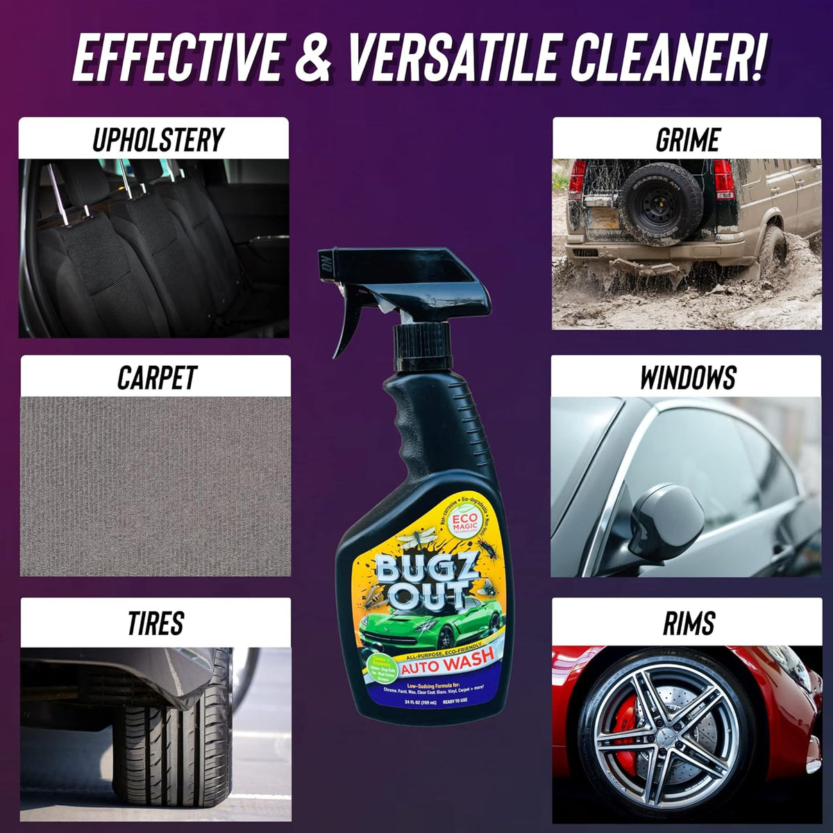 Car Bug Cleaner, Remover & Wash - Spray Bugs, Tar, Bird Poop Off Exterior of Car & Windshield. Remove Black Streaks Without Scratching or Removing Paint. 24 oz bottle w/ Microfiber Cloth