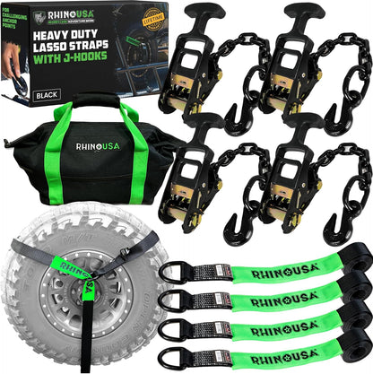 Rhino USA Car Tie Down Straps with J Hooks – 4 Pack 2" x8' – 10,000lbs Break Strength – Heavy Duty T-Handle Car Hauler Tire Lasso Wheel Straps for Trailers, UTV & Powersports – Black