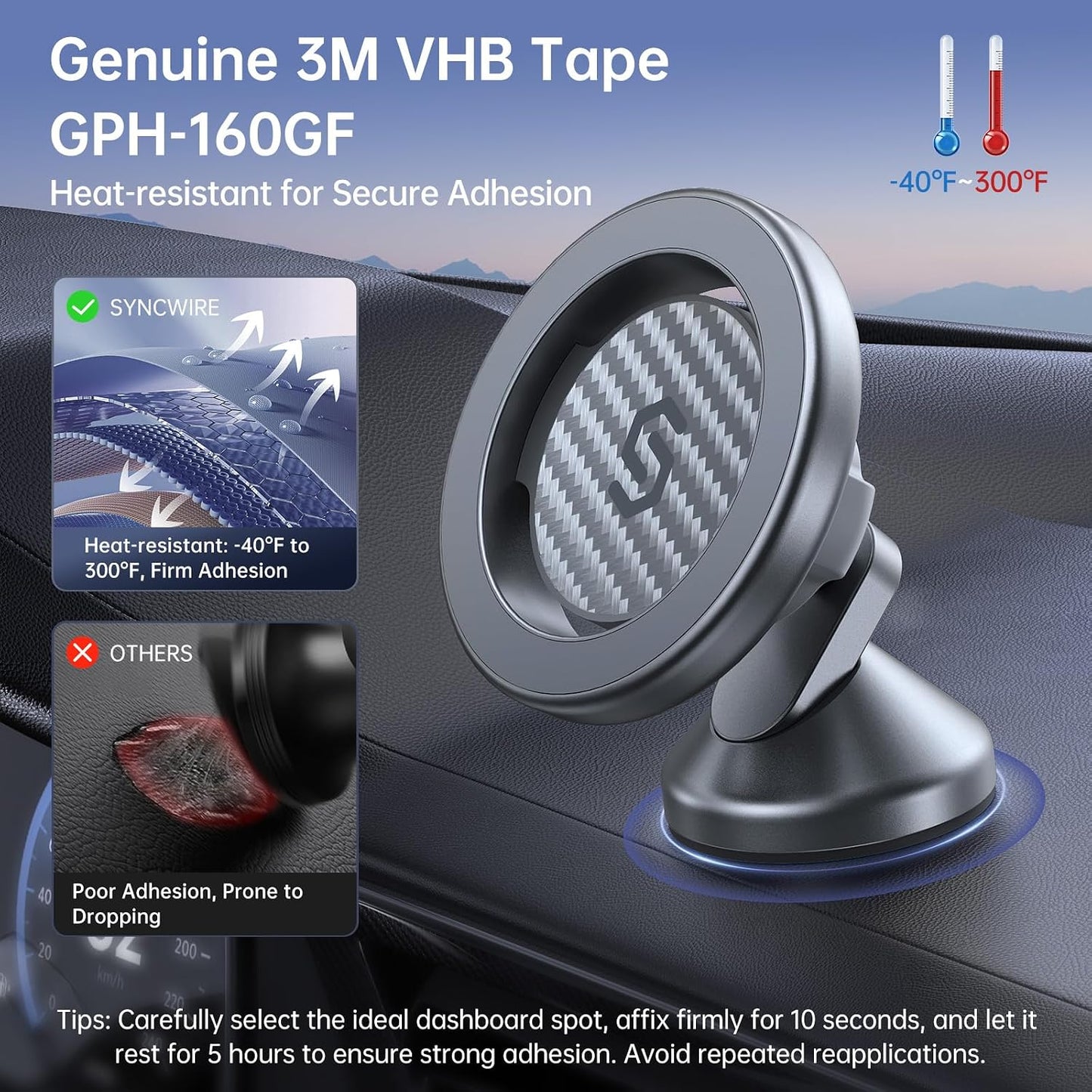 SYNCWIRE MagSafe Car Mount, Magnetic Car Phone Holder for Car Dashboard, 360° Rotating Strong Magnet Phone Mount with 3M VHB Adhesive, Compatible with iPhone 17/16/15/14/13/12 & MagSafe Cases