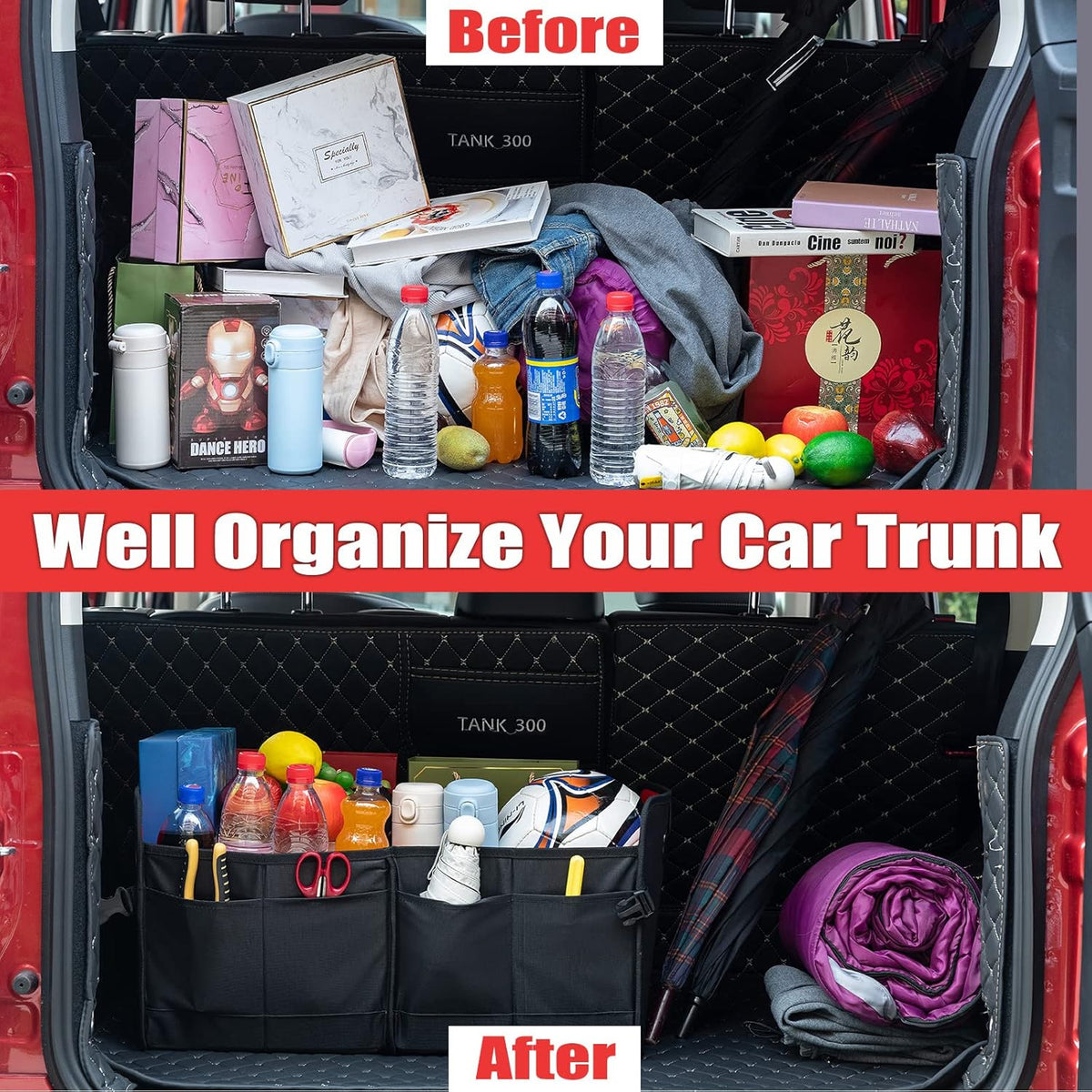 JOJOY LUX Car Trunk Organizer with Multi Compartments - Automotive Collapsible Cargo Containers with 11 Pockets & Reinforced Handles, Vehicle Grocery Organizer Bin Caddy Bag for SUV Van Truck