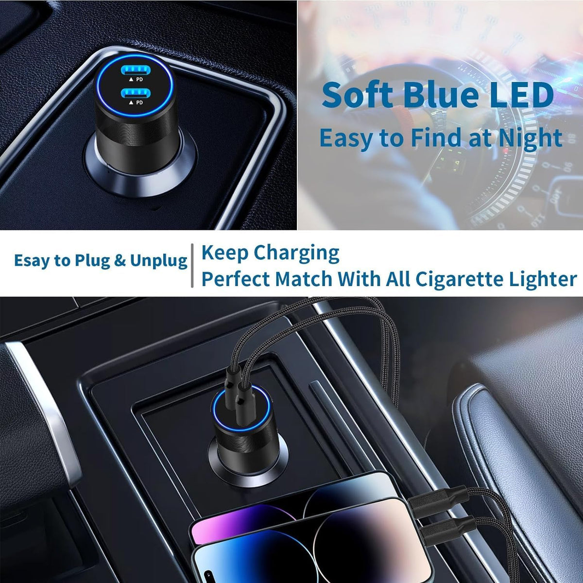 USB C Car Charger, Rombica 2Pack 3-Port 67W Dual PD USB-C&USB-A Car Power Cigarette Lighter USB Charger 3 in 1 PD/QC Type C Fast Car Charge for iPhone 17 17 Pro Max 16 15 14 13 12/Galaxy S26 S25/Pixel