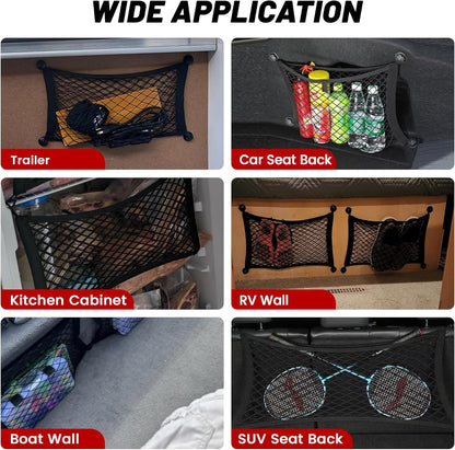 RED WOLF 2 Pcs Universal Cargo Net Pocket Elastic Mesh Netting Car Mesh Pouch for Trunk RV Boats Home Cargo Storage Mesh with Screws and Hooks (25.6'' x 9.8'')