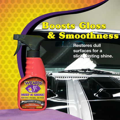 Wizards Mist-N-Shine Detail Spray - 22 Oz - Multi-Purpose High Gloss Finish Waterless Quick Detailer Spray for Glass, Chrome, Paint and Plastics - Car Exterior Cleaner for Auto Detailing Supplies