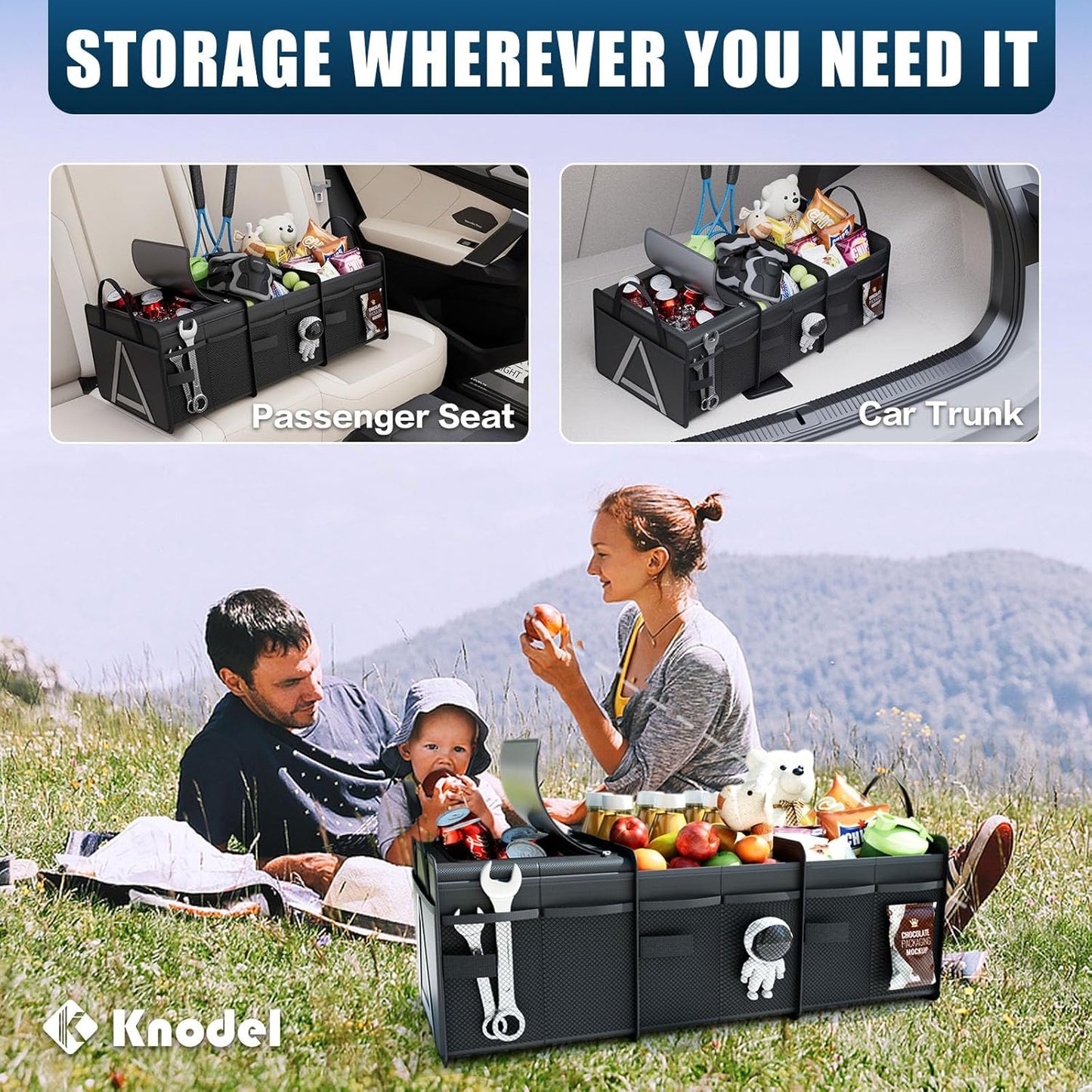 K KNODEL Sturdy Car Trunk Organizer with Premium Insulation Cooler Bag, 3 Compartments Heavy Duty Collapsible for Car, SUV, Truck, or Van (Large, Black)