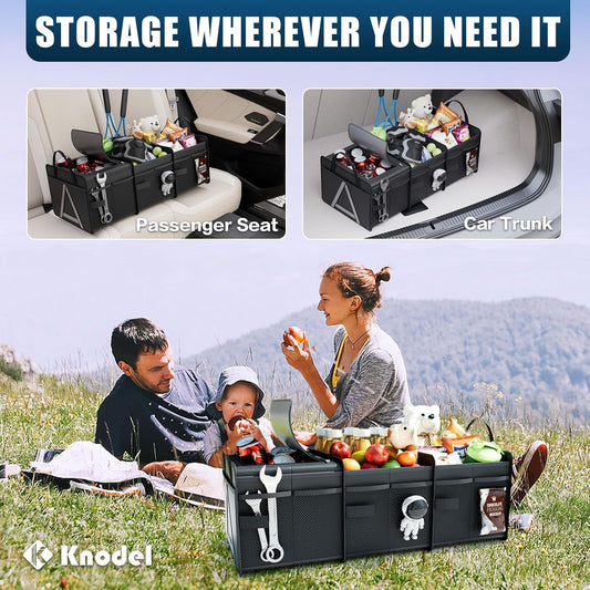 K KNODEL Sturdy Car Trunk Organizer with Premium Insulation Cooler Bag, 3 Compartments Heavy Duty Collapsible for Car, SUV, Truck, or Van (Large, Black)