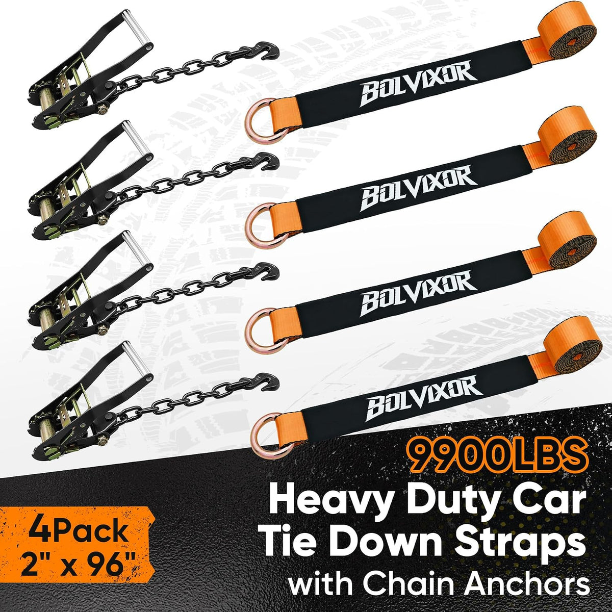 4 Pack Car Tie Down Straps for Trailers - 2" x 96" - 9900LBS Break Strength - Tire Ratchet Straps with Heavy Duty Chain Anchors for Hauling UTV, SUV, Truck, Any Cars