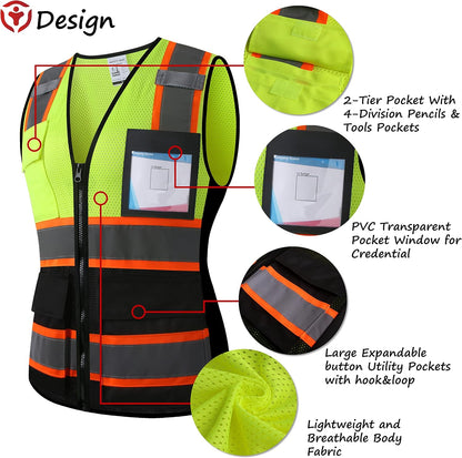 Reflective High Visibility Safety Vest for Men Women with Pockets Zipper Front Meets ANSI/ISEA Standards