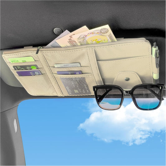 OFBAND Car Visor Organizer with Sunglass Holder,Multi-Functional Car Sun Visor Organizer with Zipper for Cards,Money,Tickets,Leather Interior Accessories (Black)