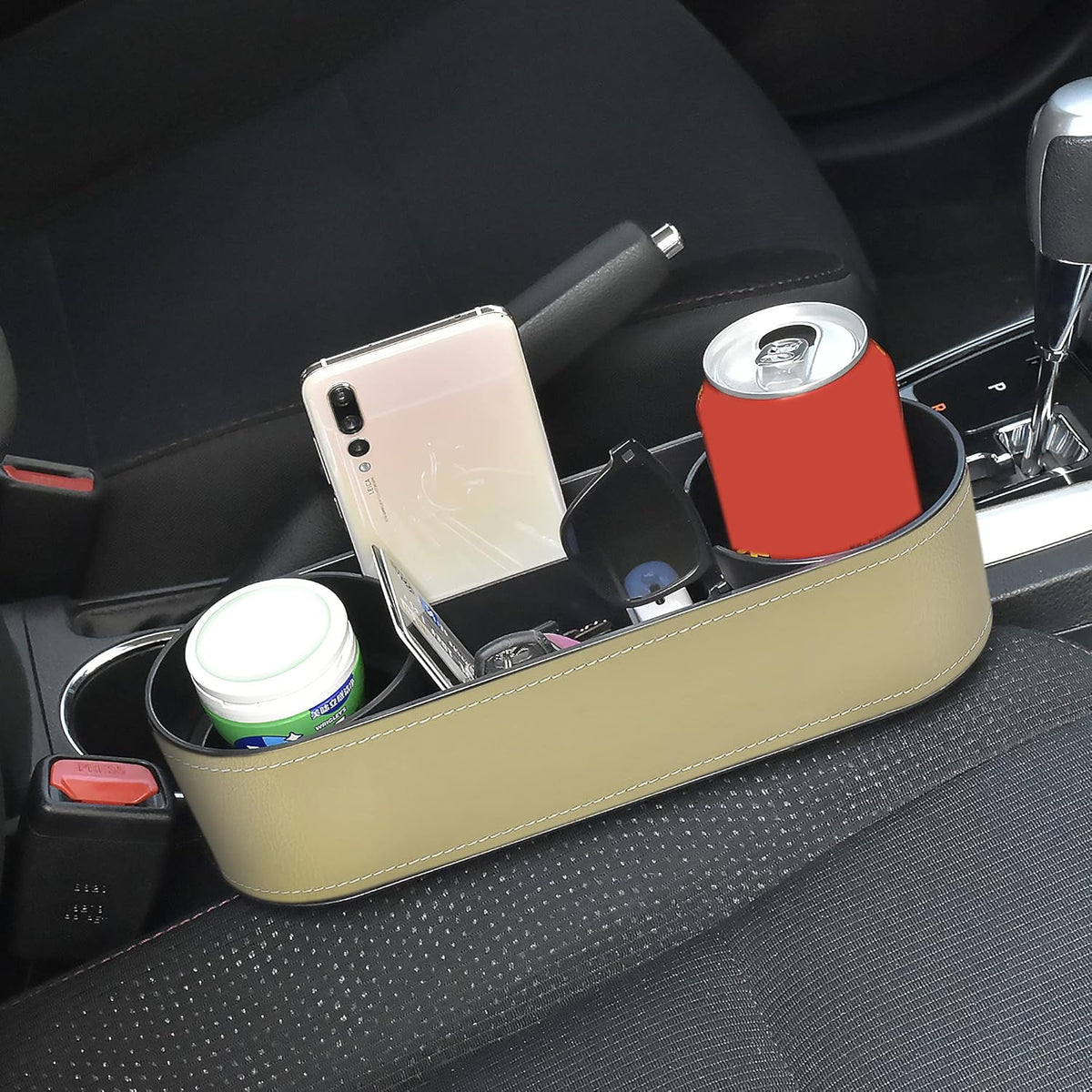 IOKONE Car Cup Holder, Auto Cup Drink Holders，Multifunctional Auto Front Seat Organizer with PU Leather Cover, Gap Filler Storage Box Coin Bucket Console Side Pocket Cell Mobile Phone Holder (Black)