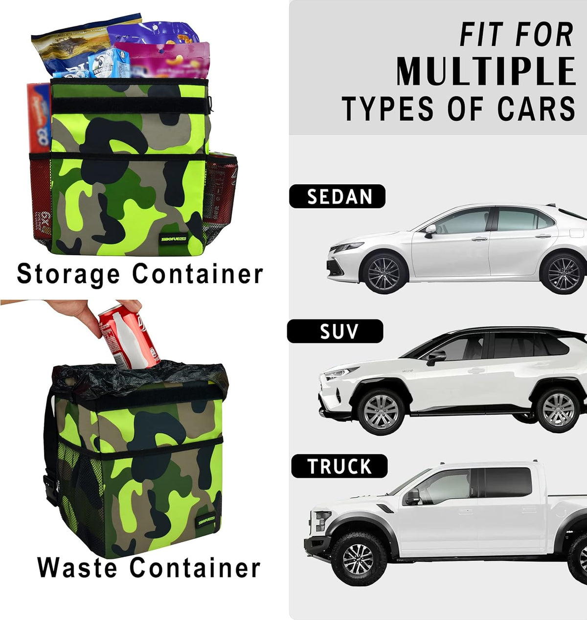 SIBOFUEGO Cute Car Trash Can with Lid – Multipurpose Collapsible Trash Bin for Car, Leak-Proof Organizer, Waterproof Garbage Can with Storage Pockets & Adjustable Straps, 2 Gallons (Black Leopard)