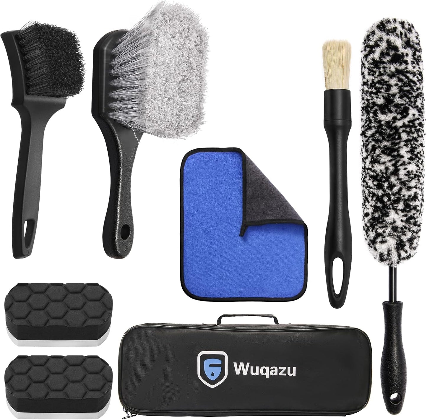 8PCS All-in-One Wheel & Tire Cleaning Kit - 360° Flexible Synthetic Wool Rim Brush, 2 Dual-Hardness Brushes, Dressing Pads & Storage Bag | Scratch-Free for All Vehicles