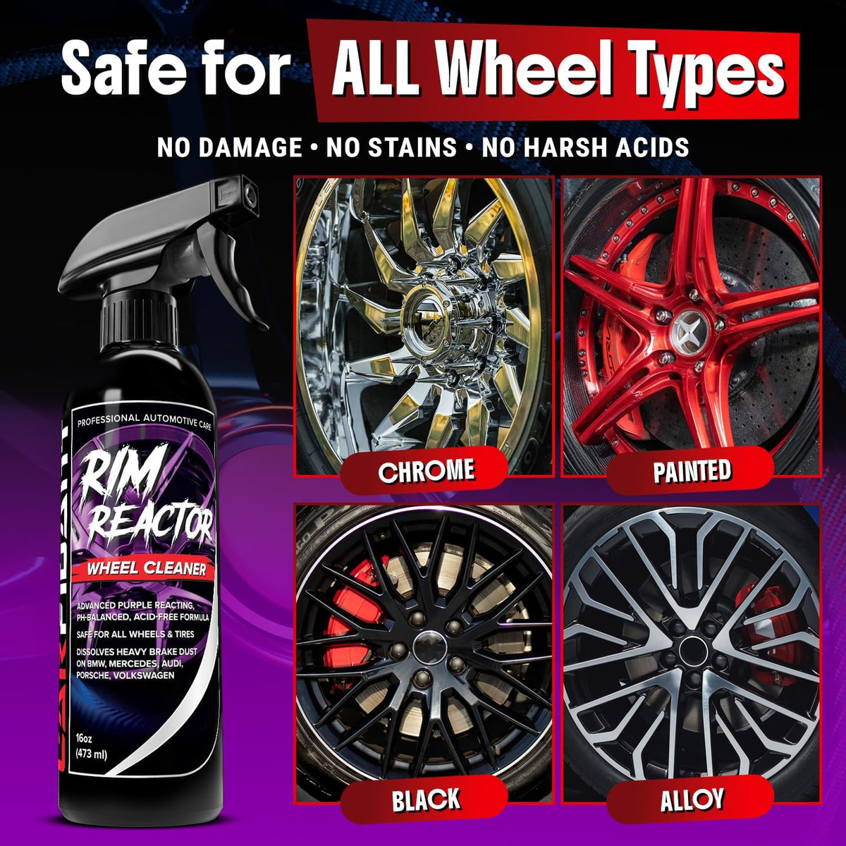 Carfidant Rim Reactor Wheel Cleaner Spray – No Scrub Formula with Purple Iron Remover Reaction – Removes Brake Dust & Grime – Safe for All Wheels (Aluminum, Chrome, Black) – pH Neutral – 16oz