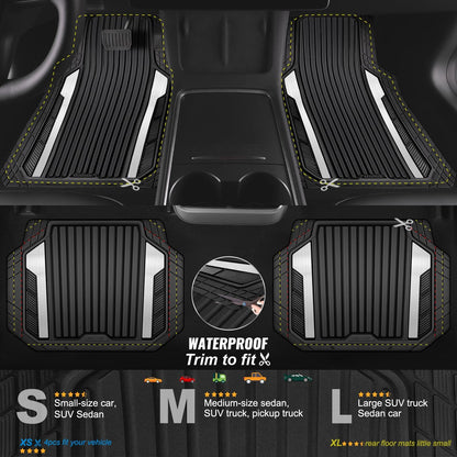 CAR PASS Heavy Duty Rubber Car Mats Metallic, Aluminum Film All Weather Floor Mats Waterproof Universal Trim to Fit Automotive SUV Sedan Van 4 Piece Anodized Deep Dish Two-Tone Sporty Black Red Chrome