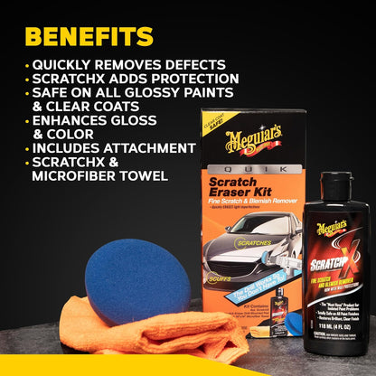 Meguiar's Quik Eraser Kit, Car Scratch Remover for Repairing Surface Blemishes, Car Scratch Repair Kit with ScratchX, Drill-Mounted Pad, and Microfiber Towel, 4 Count